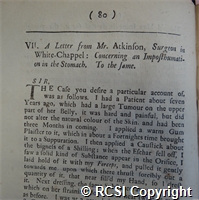 'A letter from Mr. Atkinson, surgeon in Whitechapel: Concerning an imposthumation in the stomach. To the same'