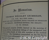'In memoriam. Thomas Wrigley Grimshaw C.B., M.D.,M.A. Univ., Dublin.'
